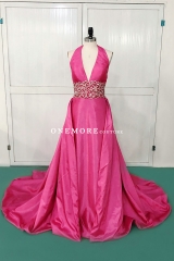 Hot Pink Halter Neck Beaded Dress with Overskirt