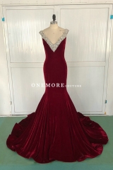 Sexy Burgundy Mermaid Velvet Dress with Beaded V Neck