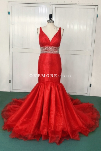 Red V Neckline Mermaid Organza Dress with Beading