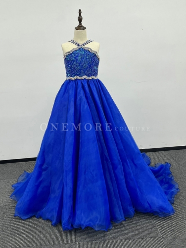 Royal Blue Organza Pageant Gown with Beaded Bodice