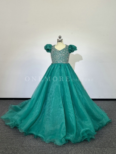 Teal Green Organza Pageant Gown with Beaded Top and Sleeves