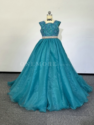 Teal Green Organza Pageant Gown with Beaded Top