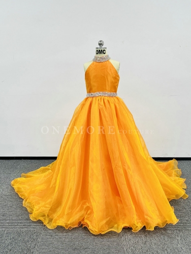 Orange Ball Gown Organza Dress with Stoned Belt and Neck