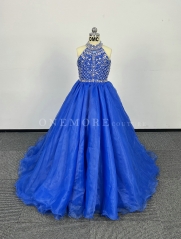 Royal Blue Organza Pageant Gown with Beaded Top