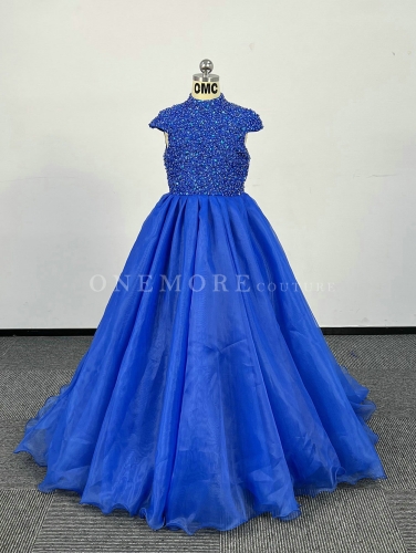 Beaded Royal Blue Pageant Gown with Cap Sleeves