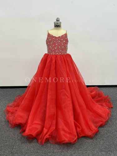 Red Stoned Organza Glitter Pageant Gown