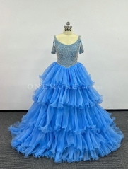 Perwinkle Color Stoned V Neck Organza Pageant Gown with layered Skirt