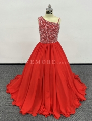 Red Beaded One Shoulder Chiffon Pageant Gown with Frills