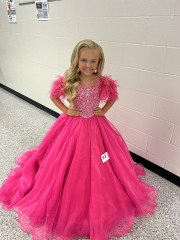 Hot Pink Beaded Organza Pageant Gown with Feathers