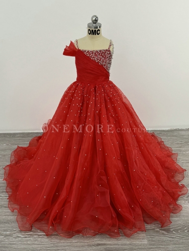 Red Organza Pageant Gown with Stoned Bodice
