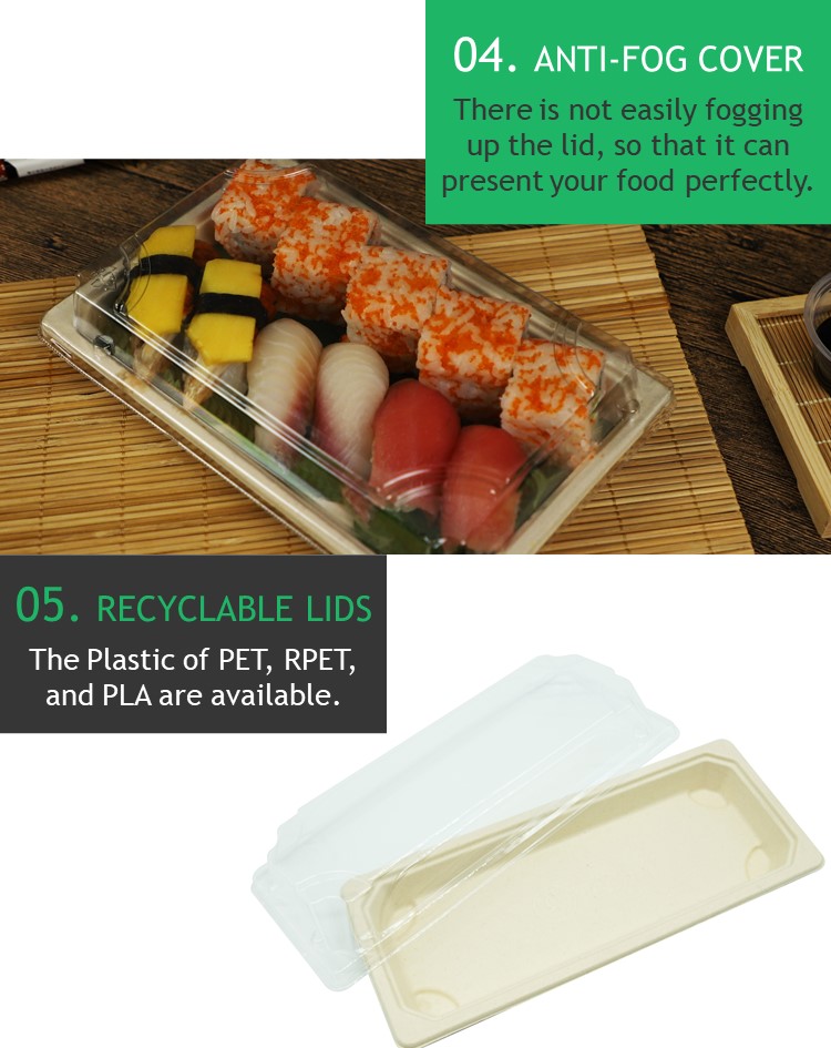 we launch new sushi packagings that are made from different material, such as PLA, PET, paperbard and fiber pulp.
