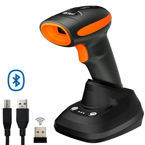 LENVII CW999 1D/2D/2D Barcode Scanner Bluetooth Wireless 2.4GHZ Wired 3-in-1 Barcode Reader with Charging Base, One-key Pairing and Offline Storage (Orange))