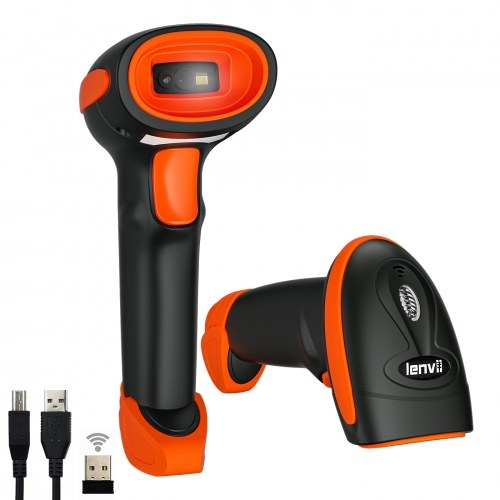 LENVII CW200 2.4G Wireless 2D Barcode Scanner Wired Cordless Barcode Reader with USB Receiver for Windows IOS Andriod System (Orange)