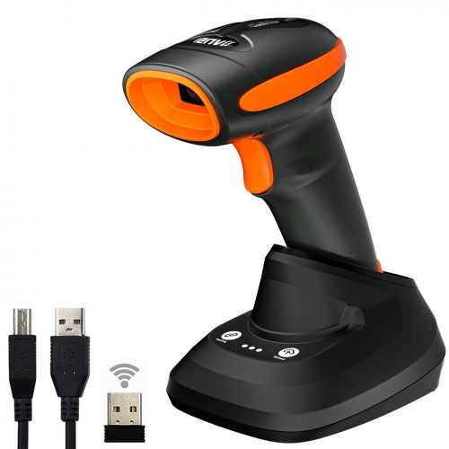 LENVII CW999 1D/2D/QR-code Barcode Scanner Wireless 2.4GHZ Wired 2-in-1 Barcode Reader with Charging Base for One-key Pairing (Orange)