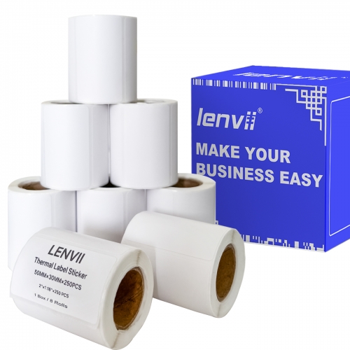 50mm×30mm×250pages/roll/2000 pages/box Three-proof thermal label paper, no carbon ribbon required (2"×1.18"×250pages), roll, core ⌀25mm, suitable for 2-3-4 inch portable Thermal barcode label printer, 2-3-4 inch thermal label barcode printer, waterproof, oil-proof, high temperature resistant. Tearable, strong adhesive, long writing retention time, suitable for supermarket labels, clothing labels, FBA labels, medical labels, MRP labels, barcode scale labels and other product labels.