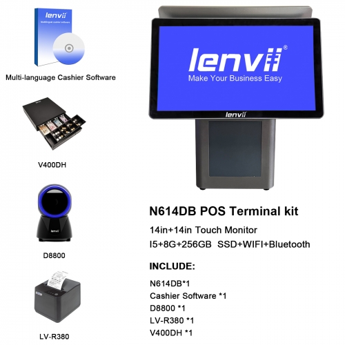 LENVII N614DB POS Terminal KIT, include (N614DB, D8800, LV-R380,V400DH, Management Software)