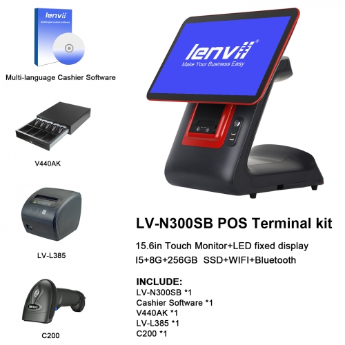LENVII N300SB POS Terminal Kit, include N300SB  Widescreen Touch Monitor, C200 Barcode Scanner, LV-L385 Receipt Printer, V440AK Cash Drawer, V12 Management Software