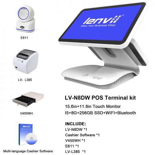 LENVII N8DW POS Terminal Kit , include N8DW POS touch monitor, E611 barcode scanner, LV-L385 Receipt Printer,  V450WH  Cash Drawer, V12 Management Software