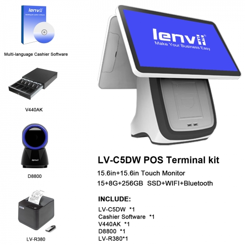 LENVII CD5W POS Terminal kit , include (CD5W, D8800, LV-R380, V440AK, Management Software)