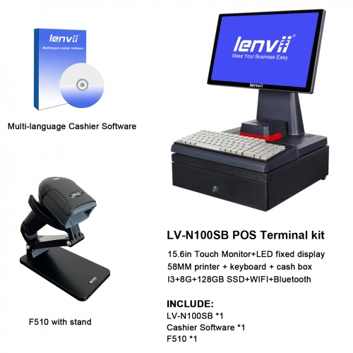 LENVII N100SB POS Terminal Kit, include N100SB Touch Monitor with 58mm Embedded Receipt Printer, Keyboard, Cash Drawer, F510 Barcode Scanner, V12 Managemaent Software