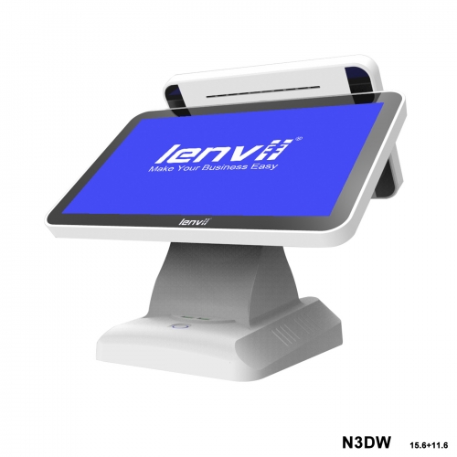 LENVII N3DW POS Terminal 15.6in+11.6in Widescreen Touch Monitor(I3+4GB+64GB SSD+WIFI/BLUETOOTH) white