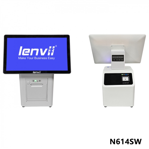 LENVII N614SW POS Terminal14in+LED Display Widescreen Touch Monitor with 80mm embedded thermal printer ,Configuration description: I5CPU/8g memory/256G SSD/Bluetooth, White