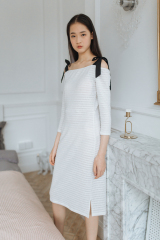 White Knit Stripe Off-Shoulder Dress