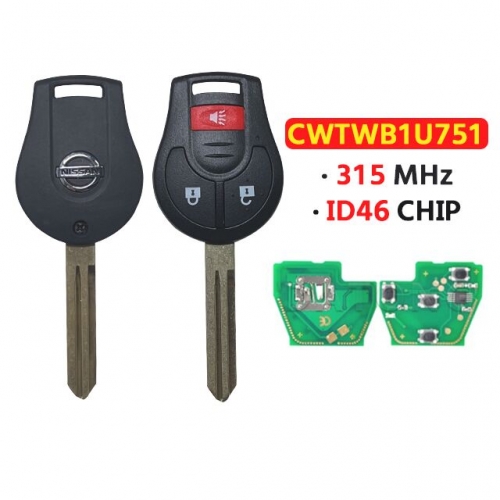 2+1 Buttons Smart Remote Car Key FCC:CWTWB1U751 315Mhz ID46 Chip for Nissa.n Qashqai Sunny Sylphy Tiida X-Trail