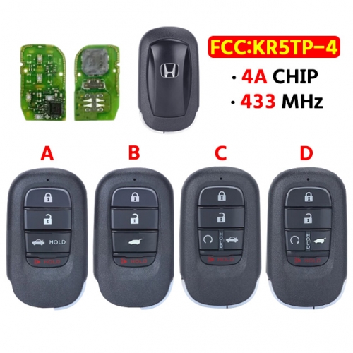 4/5button Keyless Go Smart Remote Key FSK 433.92MHz 4A Chip KR5TP-4 Fob for Honda Accord Civic HRV 2022 2023