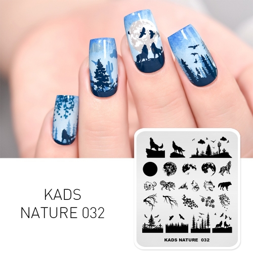 NATURE 032 Nail Stamping Plate Nature Wolf & Moon & Forest & Branches & Eagle