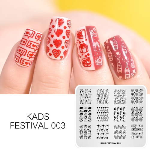 FESTIVAL 003 Nail Stamping Plate Festival Valentine's Day & Kiss & Gift & Wine