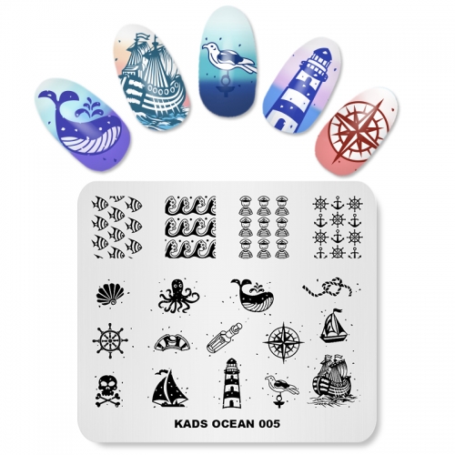 OCEAN 005 Nail Stamping Plate Ocean & Sailboat & Navy & Anchor & Octopus & Whale & Shell