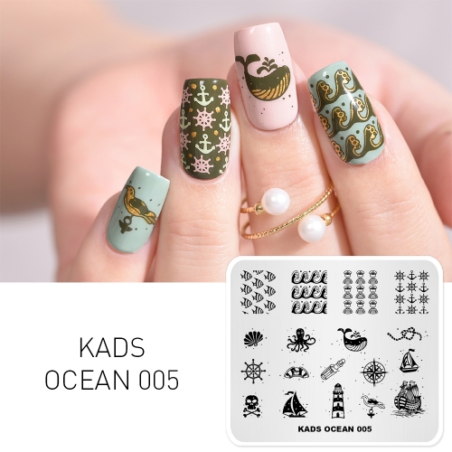 OCEAN 005 Nail Stamping Plate Ocean & Sailboat & Navy & Anchor & Octopus & Whale & Shell