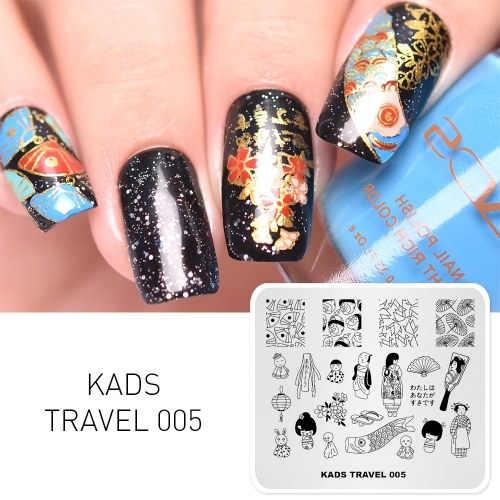 TRAVEL 005 Nail Stamping Plate Japan & Geisha & Samurai & Carp Streamer