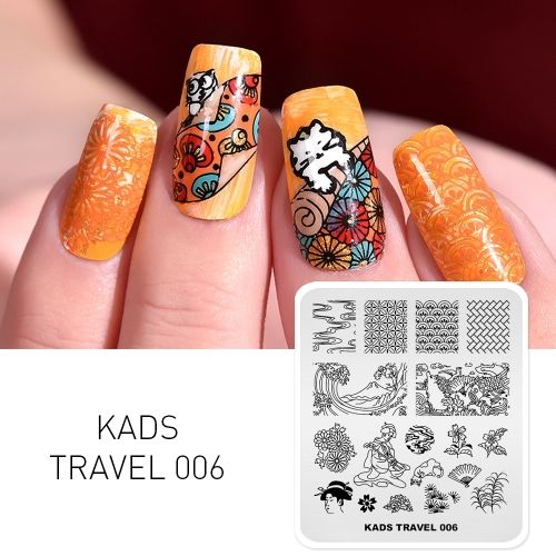 TRAVEL 006 Nail Stamping Plate Japan & Geisha & Pine Tree & Wave & Cherry Blossoms & Carp