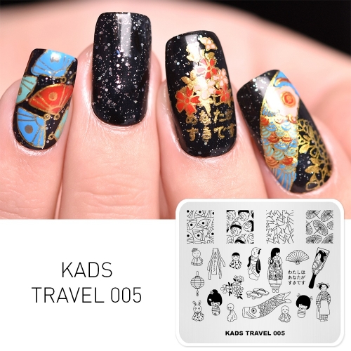 TRAVEL 005 Nail Stamping Plate Japan & Geisha & Samurai & Carp Streamer