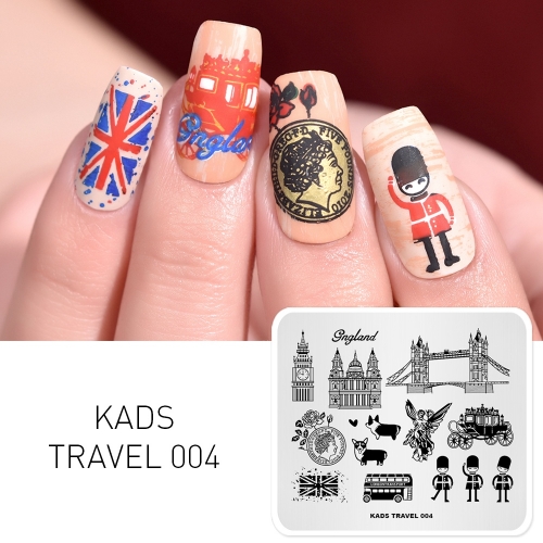 TRAVEL 004 Nail Stamping Plate England & Soldier & Bus & Carriage & Corgi