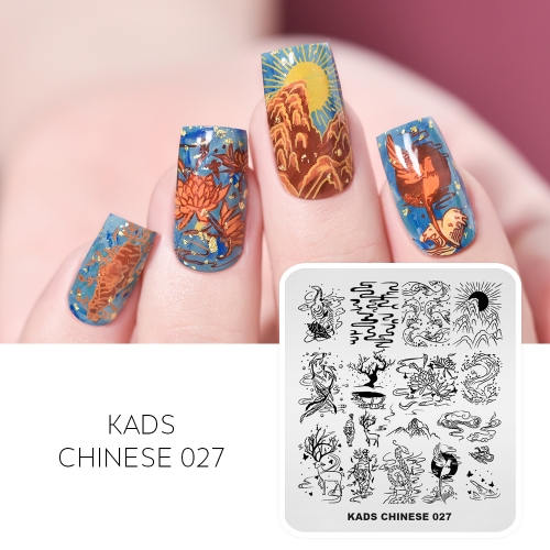 CHINESE 027 Nail Stamping Plate Sika Deer & Lotus & Fish