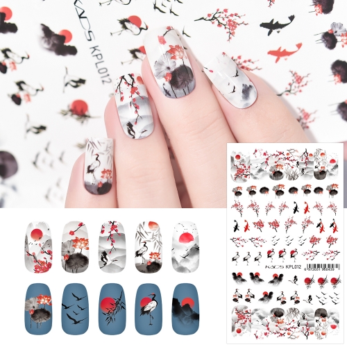 Water Transfer Nail Sticker Chinese Style Goldfish & Plum Blossom & Crane & Sunrise