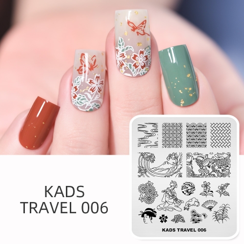 TRAVEL 006 Nail Stamping Plate Japan & Geisha & Pine Tree & Wave & Cherry Blossoms & Carp