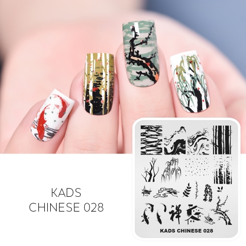 CHINESE 028 Nail Stamping Plate Goldfish & Waves & Boats