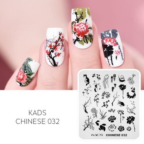 CHINESE 032 Nail Stamping Plate Plum Blossom & Orchid & Bamboo & Chrysanthemum & Wistaria & Cat & Rabbit