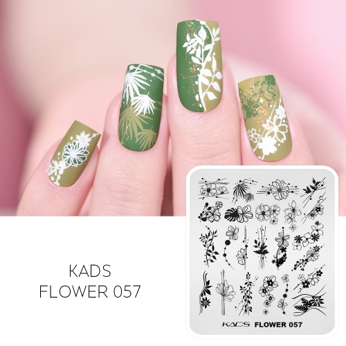 FLOWER 057 Nail Stamping Plate Flower & Leaf & Twig & Polka Dot & Line
