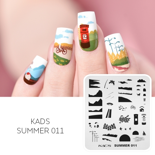 SUMMER 011 Nail Stamping Plate Landscape & Mountain & Beach & Cloud & Brick Wall & Mailbox & Sun & Sailboat