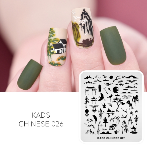 CHINESE 026 Nail Stamping Plate Mountain & Crane & Pine