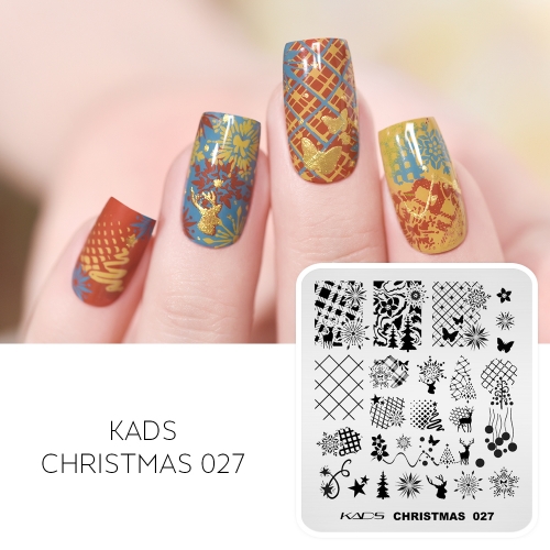CHRISTMAS 027 Nail Stamping Plate Plaid & Snowflakes & Pine & Butterfly & Star & Flower