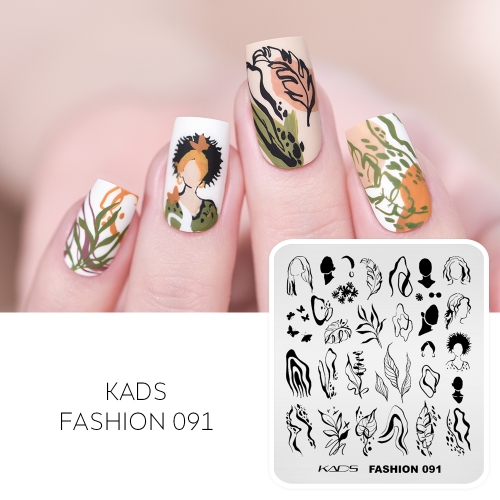 Fashion 091 Nail Stamping Plate Abstract Curves & Leaf & Girl