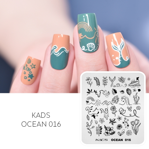 OCEAN 016 Nail Stamping Plate Seaweed & Plumerias & Tropical Leaves & Ship & Shell & Snail