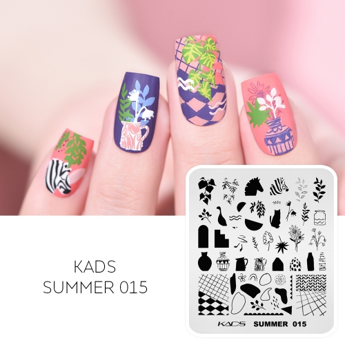 SUMMER 015 Nail Stamping Plate Zebra & Leaf & Flower & Pot & Vase & Grid & Abstract Images