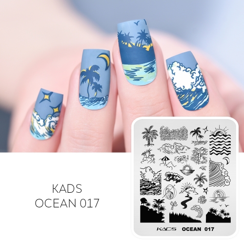 OCEAN 017 Nail Stamping Plate Waves & Shores & Palm Trees & Sunrise